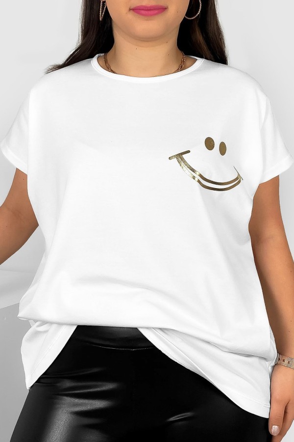 Nietoperz T-shirt damski plus size w kolorze białym złoty nadruk uśmiech Kerry