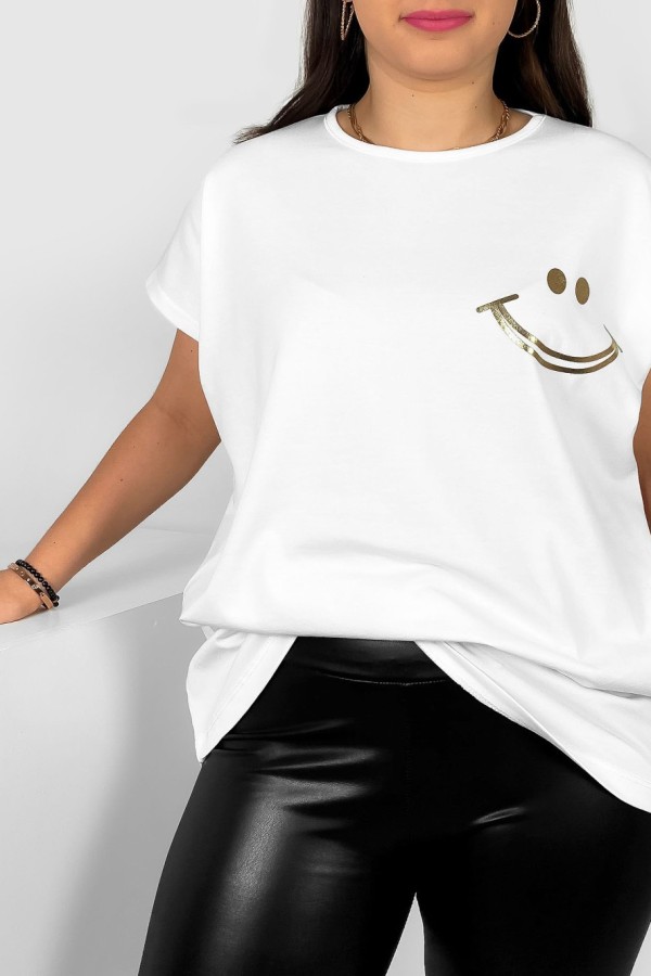Nietoperz T-shirt damski plus size w kolorze białym złoty nadruk uśmiech Kerry 1