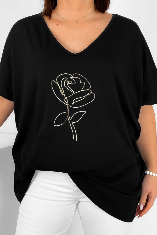 Bluzka damska plus size w kolorze czarnym V-neck złoty nadruk line art róża