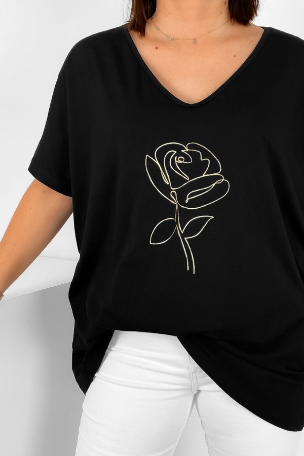 Bluzka damska plus size w kolorze czarnym V-neck złoty nadruk line art róża 1