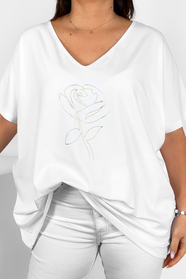 Bluzka damska plus size w kolorze białym V-neck złoty nadruk line art róża