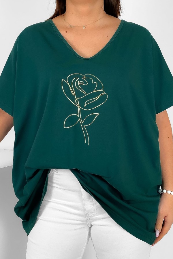 Bluzka damska plus size w kolorze zielonym V-neck złoty nadruk line art róża