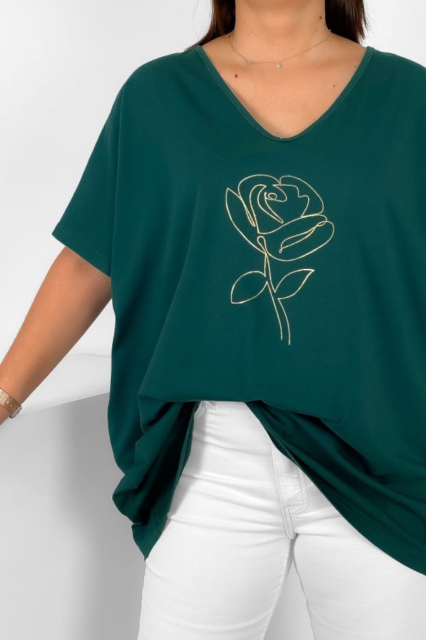 Bluzka damska plus size w kolorze zielonym V-neck złoty nadruk line art róża 1