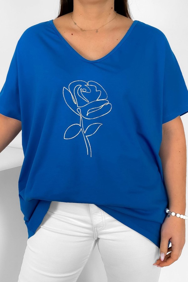 Bluzka damska plus size w kolorze niebieskim V-neck złoty nadruk line art róża