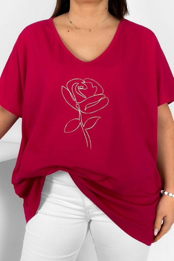 Bluzka damska plus size w kolorze malinowym V-neck złoty nadruk line art róża 2