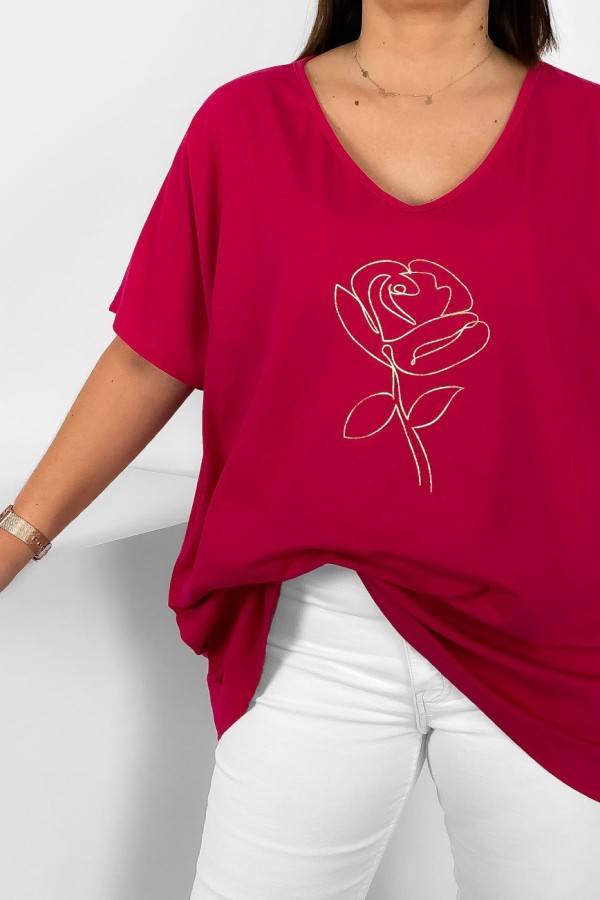 Bluzka damska plus size w kolorze malinowym V-neck złoty nadruk line art róża 1