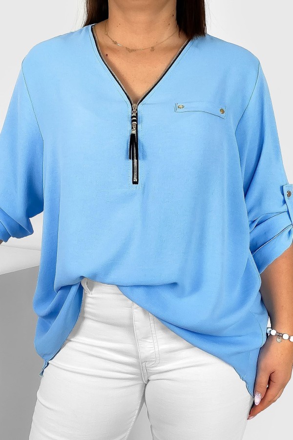 Elegancka bluzka koszula w kolorze błękitnym dekolt zamek ZIP secret