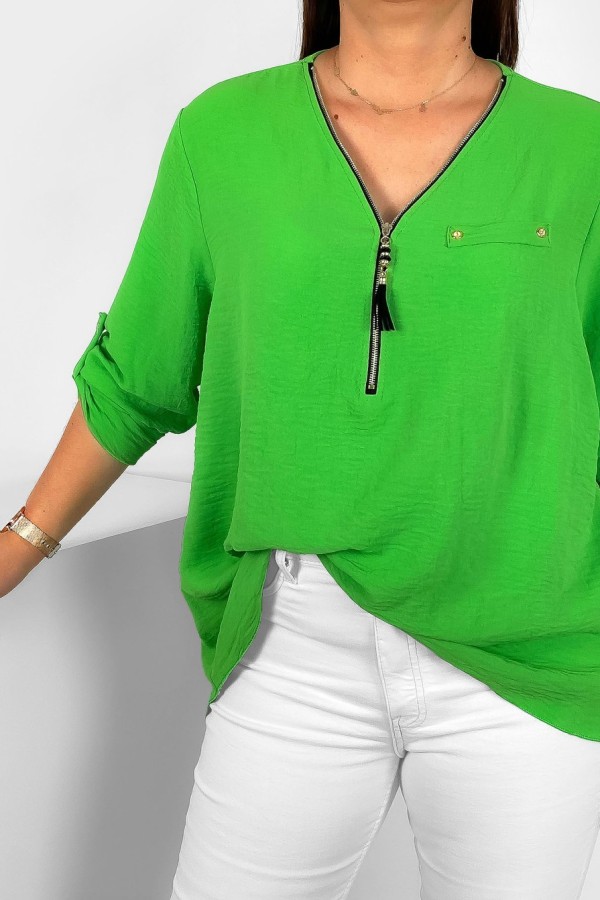 Elegancka bluzka koszula w kolorze zielonym dekolt zamek ZIP secret 1