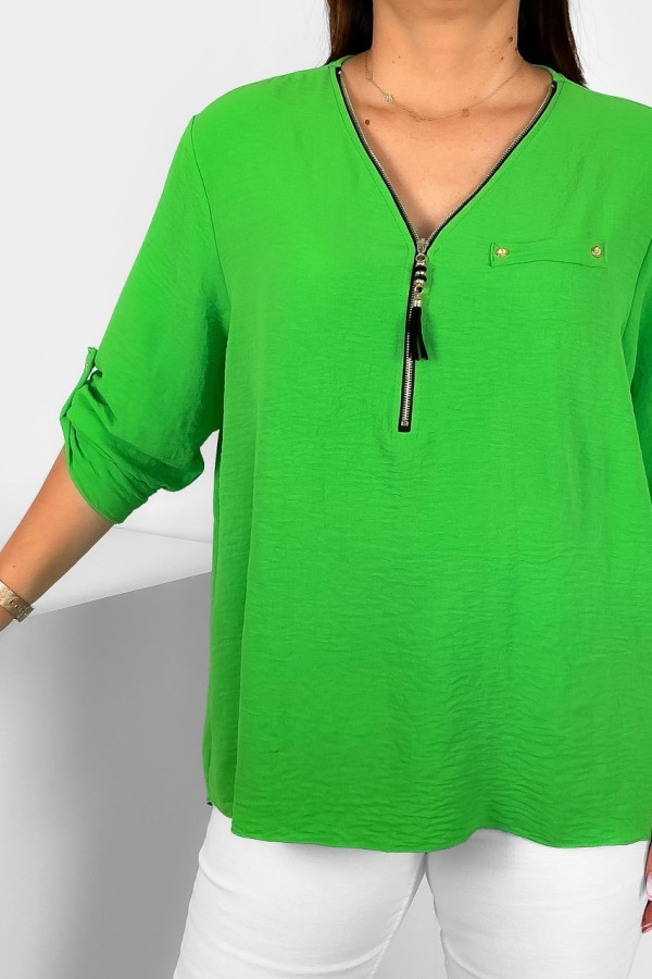 Elegancka bluzka koszula w kolorze zielonym dekolt zamek ZIP secret 2