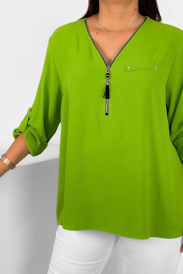 Elegancka bluzka koszula w kolorze oliwkowym dekolt zamek ZIP secret 2