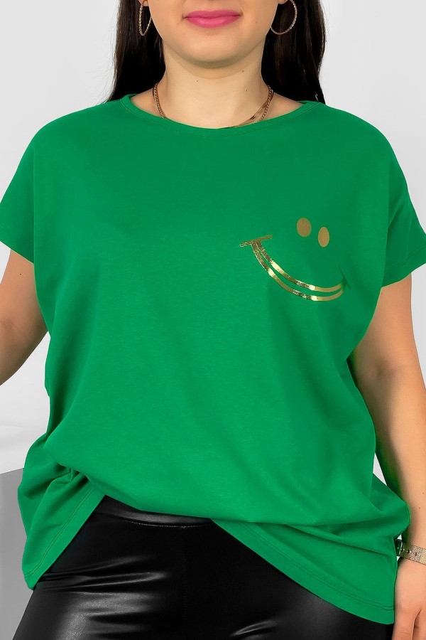 Nietoperz T-shirt damski plus size w kolorze trawiastej zieleni złoty nadruk uśmiech Kerry