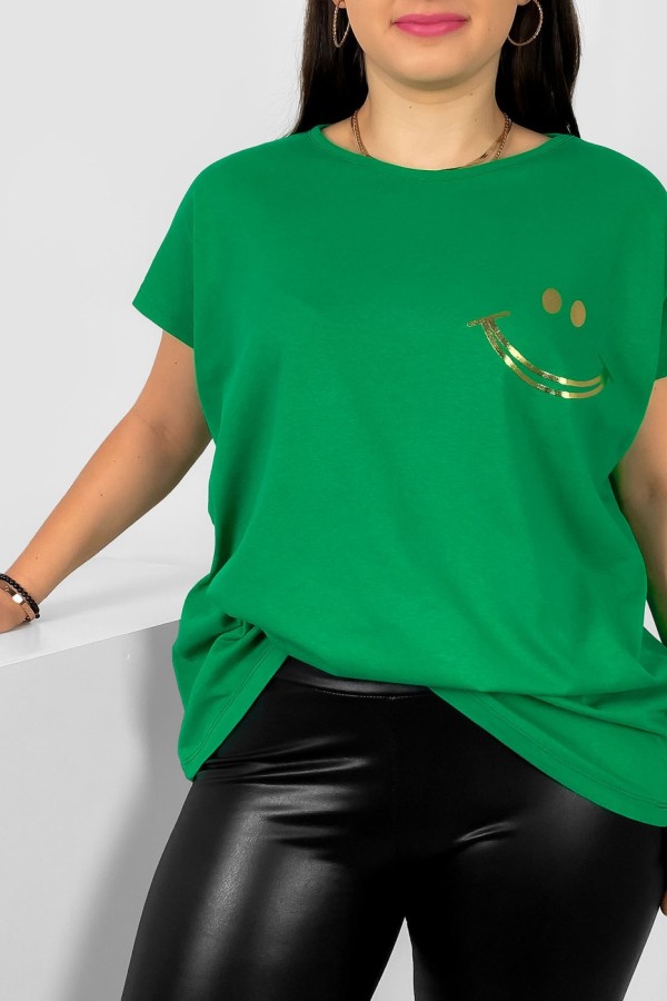 Nietoperz T-shirt damski plus size w kolorze trawiastej zieleni złoty nadruk uśmiech Kerry 1