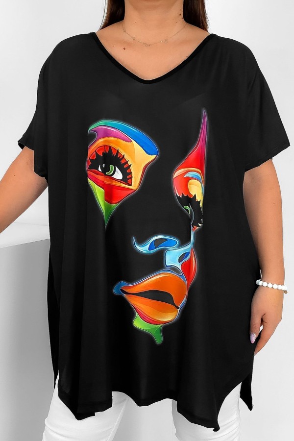 Tunika damska plus size nietoperz multikolor kolorowy abstrakcyjny wzór twarz Emilly
