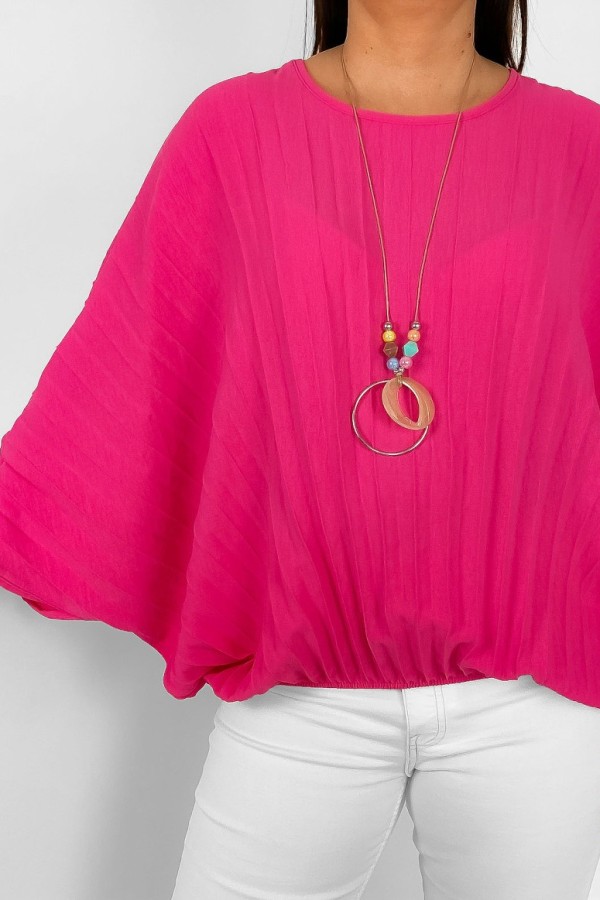 Mega oversize plisowana bluzka z gumką różowa z naszyjnikiem Iruna 1