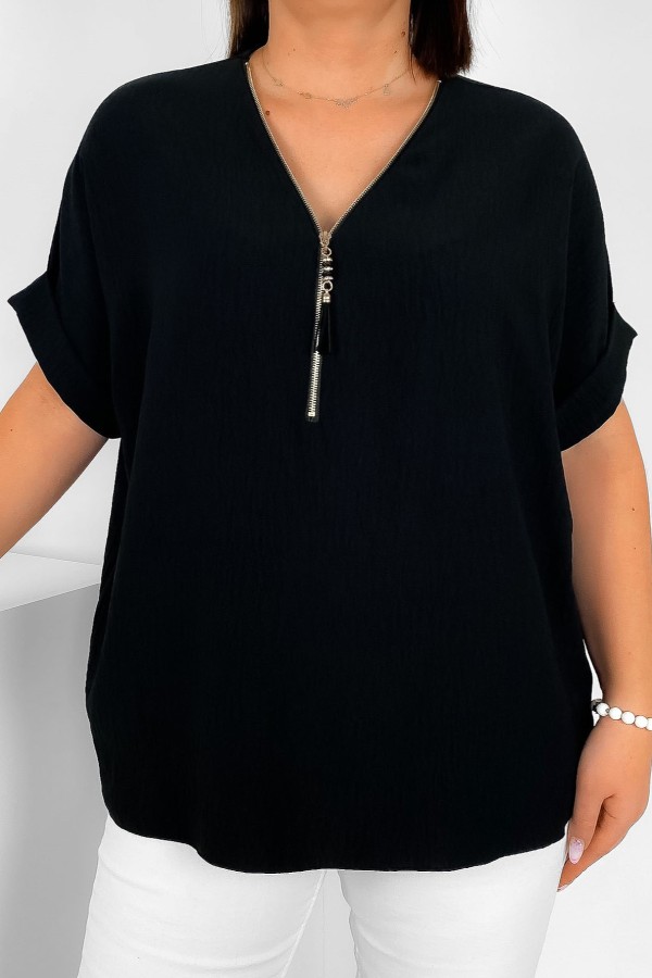 Elegancka bluzka koszula krótki rękaw w kolorze czarnym dekolt zamek ZIP STEFANA 2