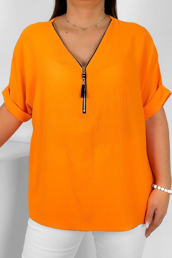 Elegancka bluzka koszula krótki rękaw w kolorze pomarańczowym dekolt zamek ZIP STEFANA