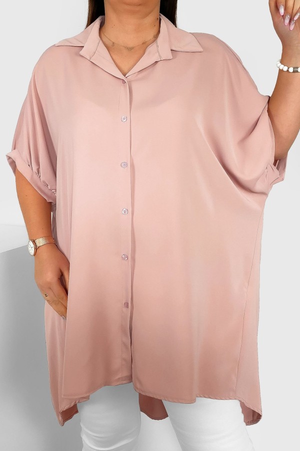 Koszula tunika plus size w kolorze pudrowym oversize dłuższy tył guziki LEONA