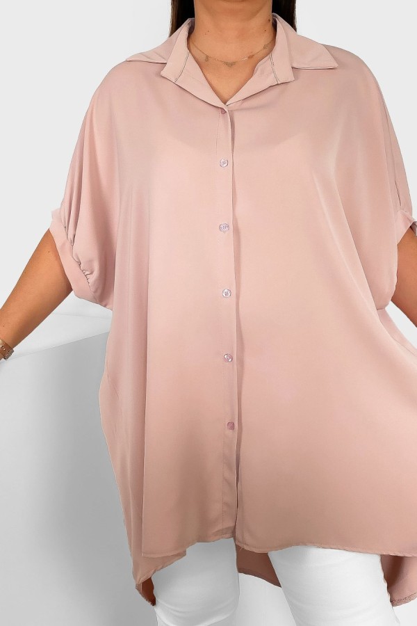 Koszula tunika plus size w kolorze pudrowym oversize dłuższy tył guziki LEONA 2