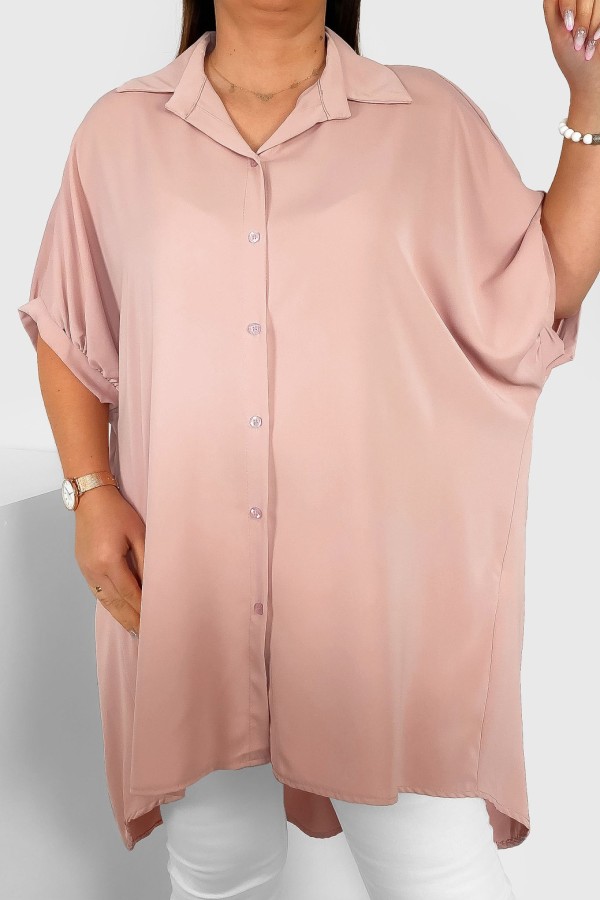 Koszula tunika plus size w kolorze pudrowym oversize dłuższy tył guziki LEONA 1