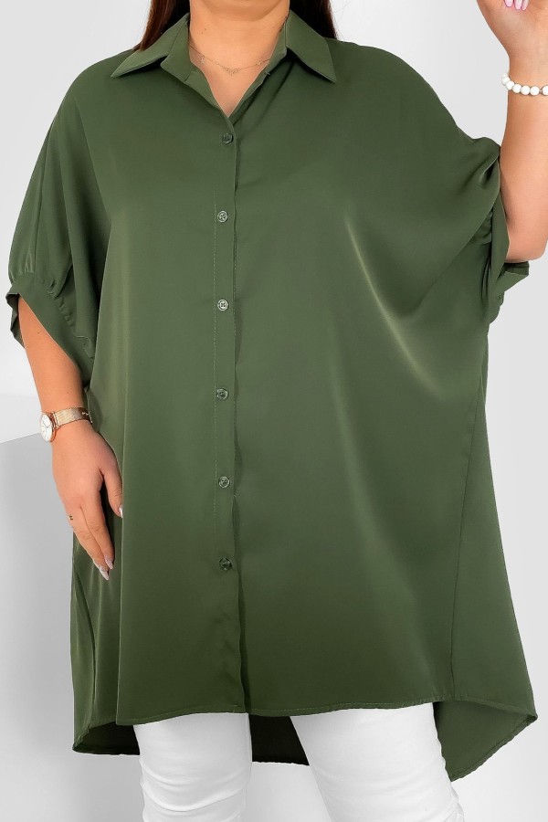 Koszula tunika plus size w kolorze khaki dłuższy tył guziki LEONA