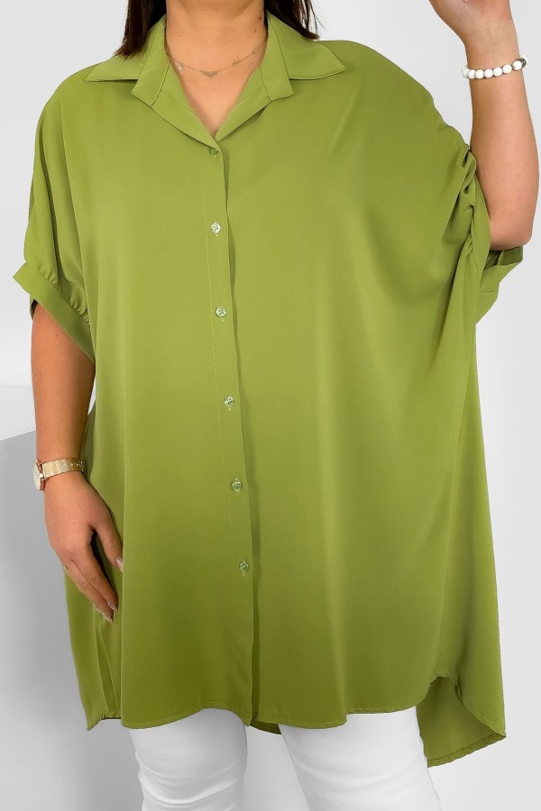 Koszula tunika plus size w kolorze oliwkowym oversize dłuższy tył guziki LEONA