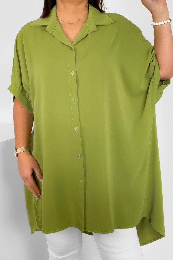 Koszula tunika plus size w kolorze oliwkowym oversize dłuższy tył guziki LEONA 1
