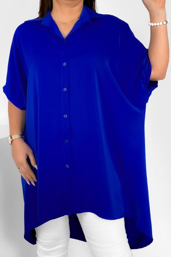 Koszula tunika plus size w kolorze kobaltowym oversize dłuższy tył guziki LEONA