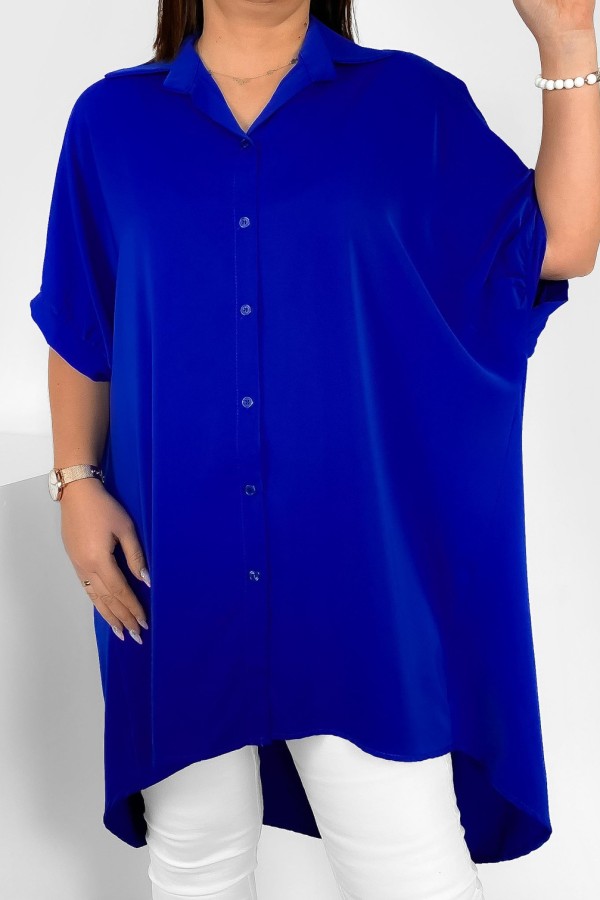 Koszula tunika plus size w kolorze kobaltowym oversize dłuższy tył guziki LEONA 1