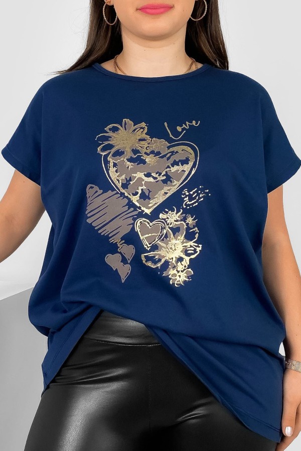 T-shirt damski plus size nietoperz w kolorze granatowym nadruk serca Jeno