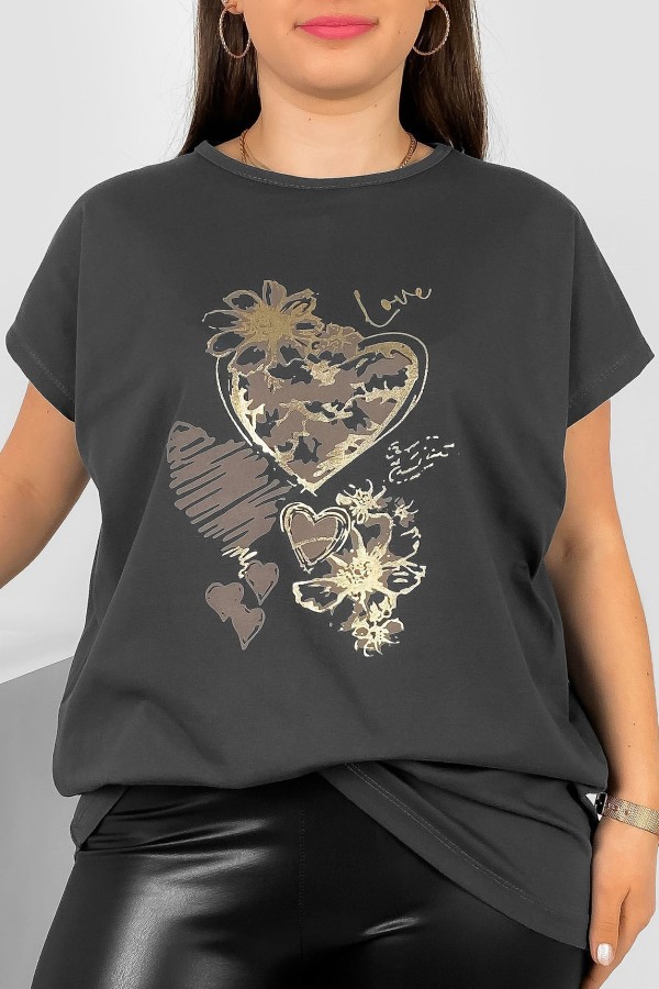 T-shirt damski plus size nietoperz w kolorze grafitowym nadruk serca Jeno
