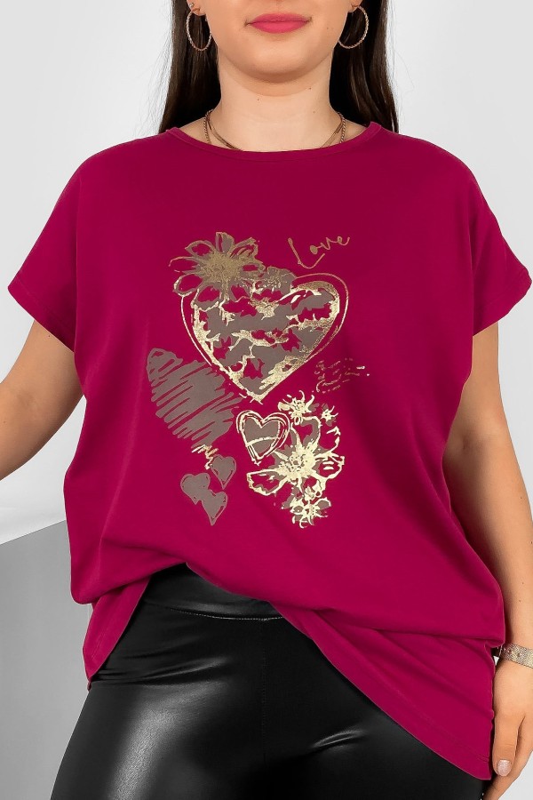 T-shirt damski plus size nietoperz w kolorze rubinowym nadruk serca Jeno