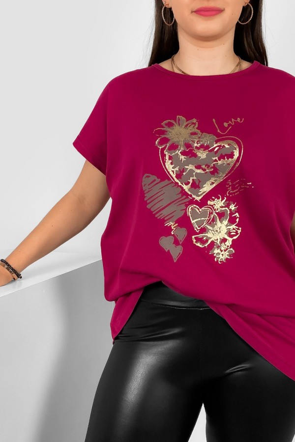 T-shirt damski plus size nietoperz w kolorze rubinowym nadruk serca Jeno 1