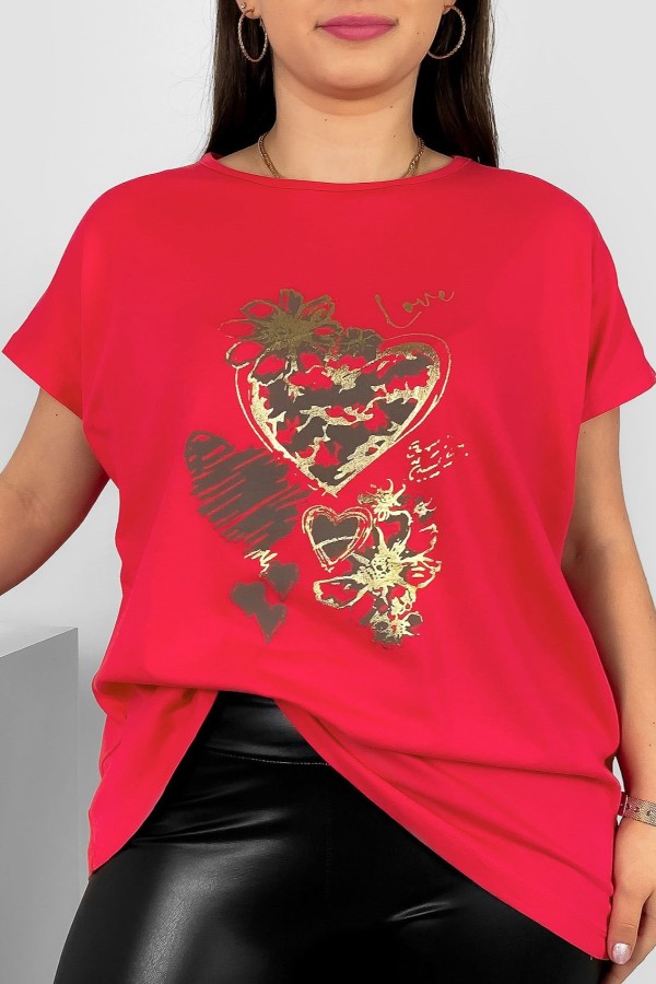 T-shirt damski plus size nietoperz w kolorze koralowym nadruk serca Jeno