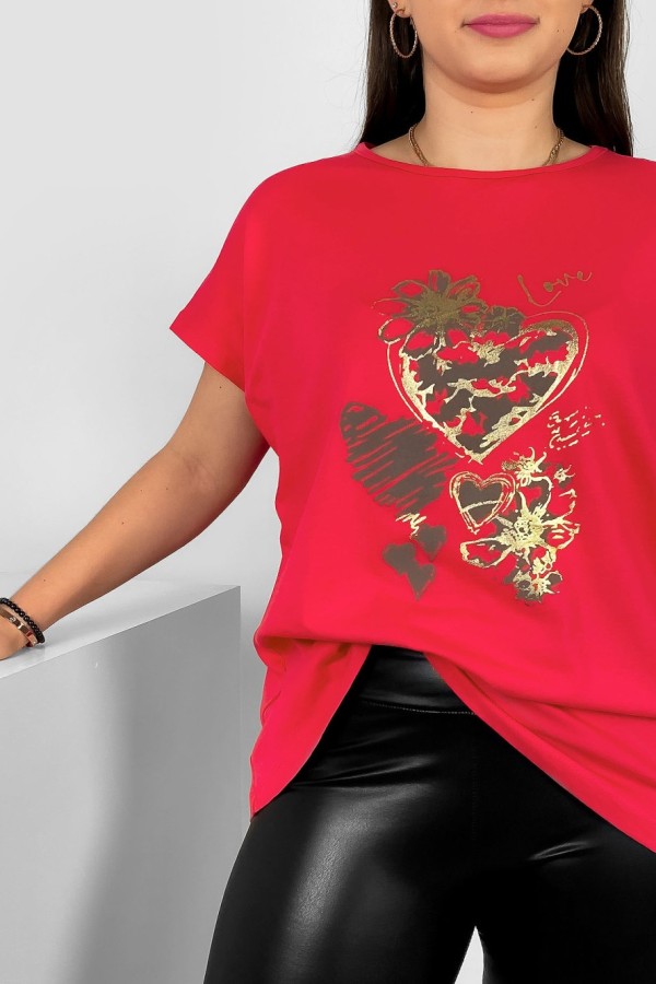 T-shirt damski plus size nietoperz w kolorze koralowym nadruk serca Jeno 1