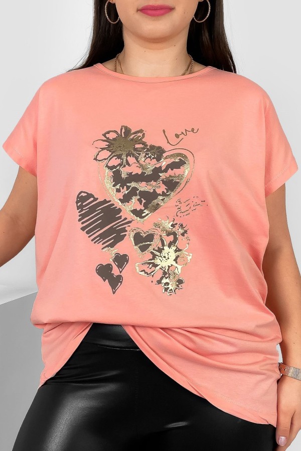 T-shirt damski plus size nietoperz w kolorze łososiowym nadruk serca Jeno
