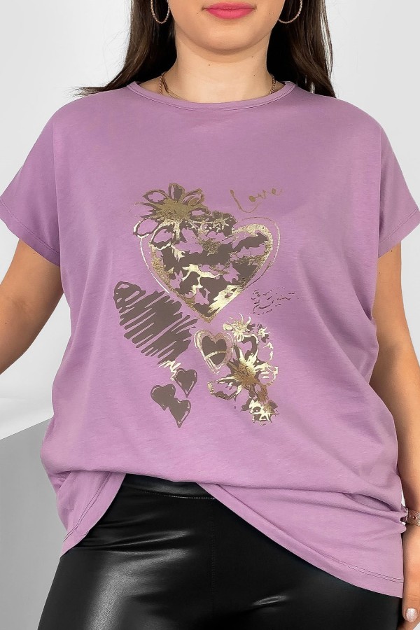 T-shirt damski plus size nietoperz w kolorze wrzosowym nadruk serca Jeno