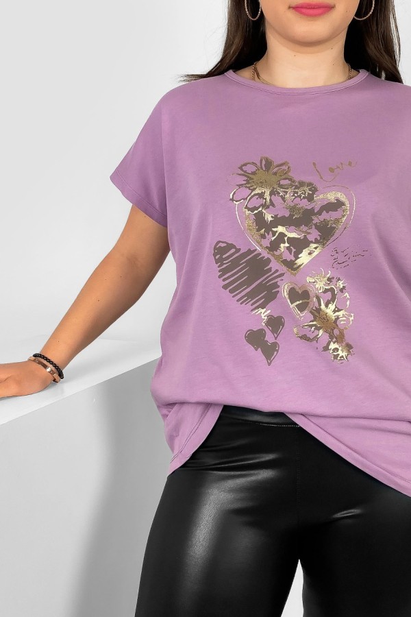 T-shirt damski plus size nietoperz w kolorze wrzosowym nadruk serca Jeno 1