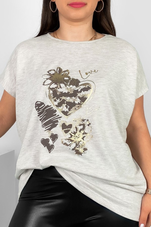 T-shirt damski plus size nietoperz w kolorze beżowego melanżu nadruk serca Jeno