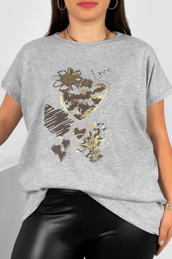 T-shirt damski plus size nietoperz w kolorze szarego melanżu nadruk serca Jeno 2