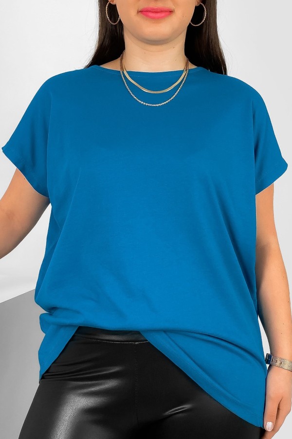 Nietoperz gładki T-shirt damski plus size w kolorze pawi niebieski Bessy