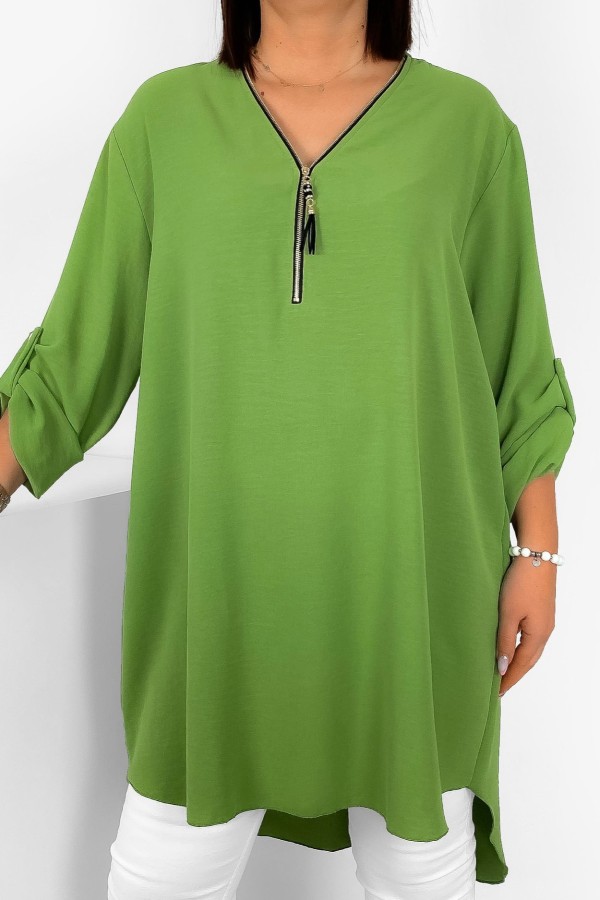 Koszula tunika w kolorze oliwkowym sukienka dłuższy tył dekolt zamek ZIP PERFECT
