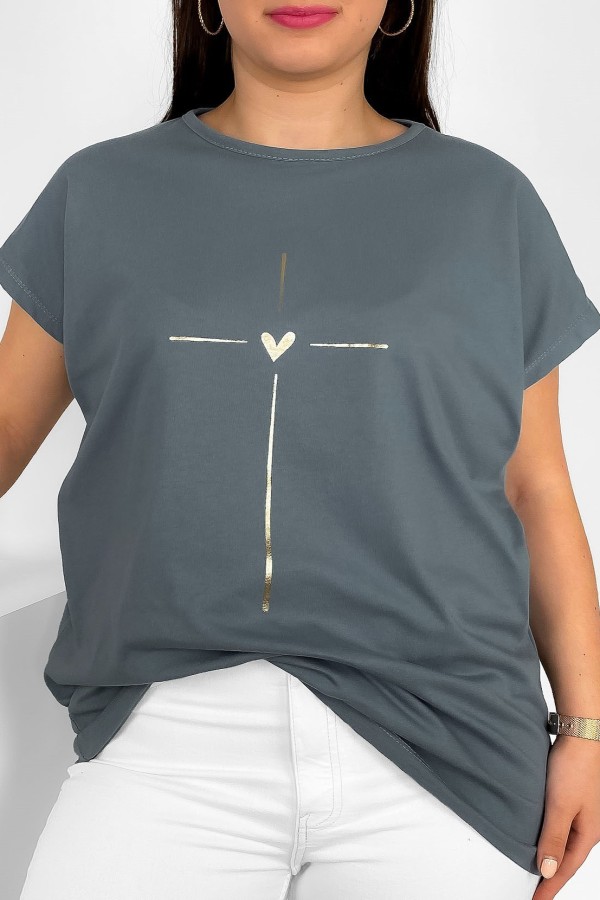 Nietoperz T-shirt damski plus size w kolorze szarym złoty nadruk serduszko Tix 2