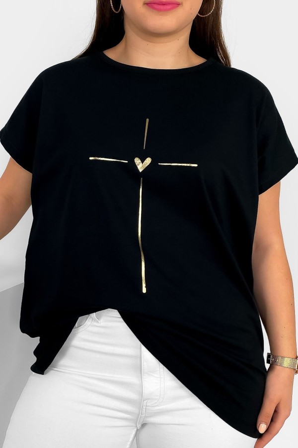 Nietoperz T-shirt damski plus size w kolorze czarnym złoty nadruk serduszko Tix 2