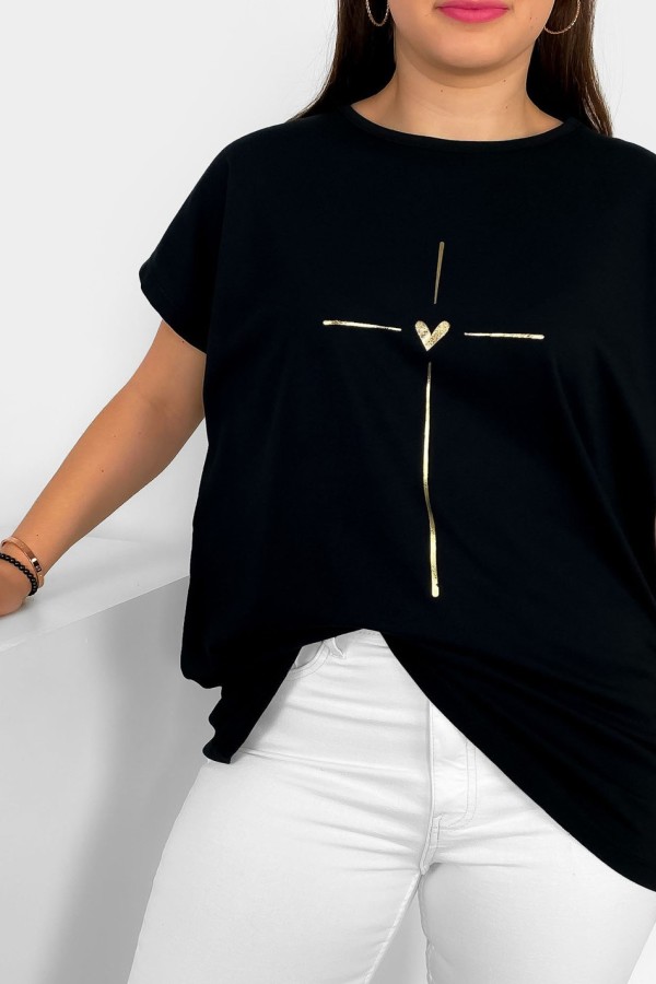 Nietoperz T-shirt damski plus size w kolorze czarnym złoty nadruk serduszko Tix 1