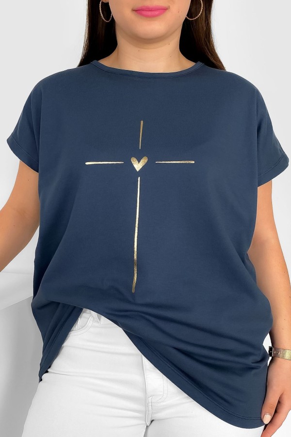 Nietoperz T-shirt damski plus size w kolorze grafitowego granatu złoty nadruk serduszko Tix