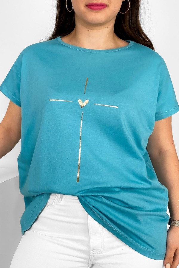 Nietoperz T-shirt damski plus size w kolorze niebieskiego turkusu złoty nadruk serduszko Tix