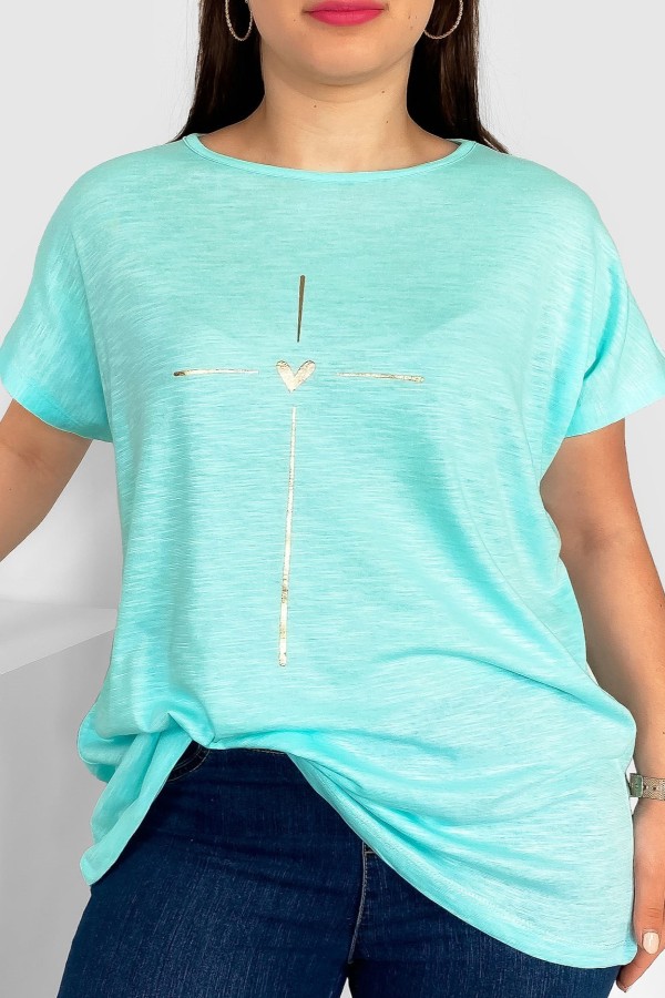 Nietoperz T-shirt damski plus size w kolorze miętowym złoty nadruk serduszko Tix 2