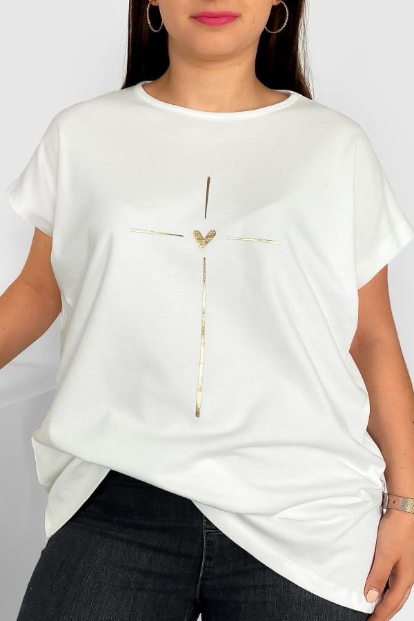 Nietoperz T-shirt damski plus size w kolorze ecru złoty nadruk serduszko Tix