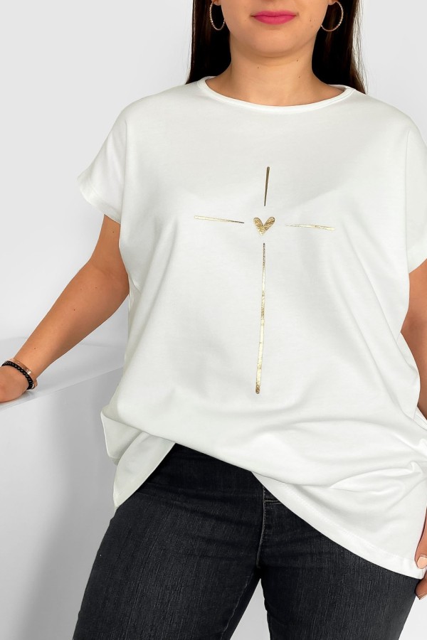 Nietoperz T-shirt damski plus size w kolorze ecru złoty nadruk serduszko Tix 1