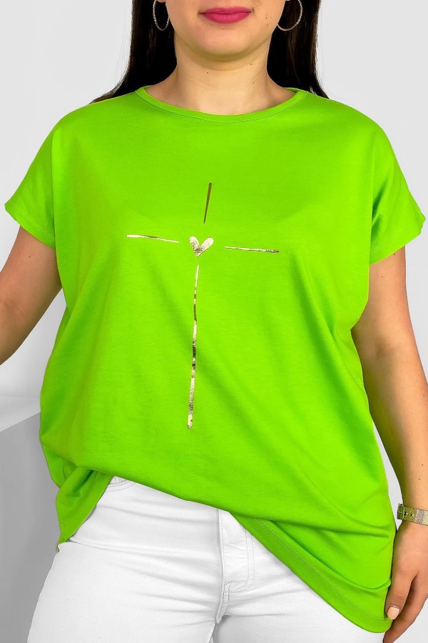Nietoperz T-shirt damski plus size w kolorze kiwi złoty nadruk serduszko Tix